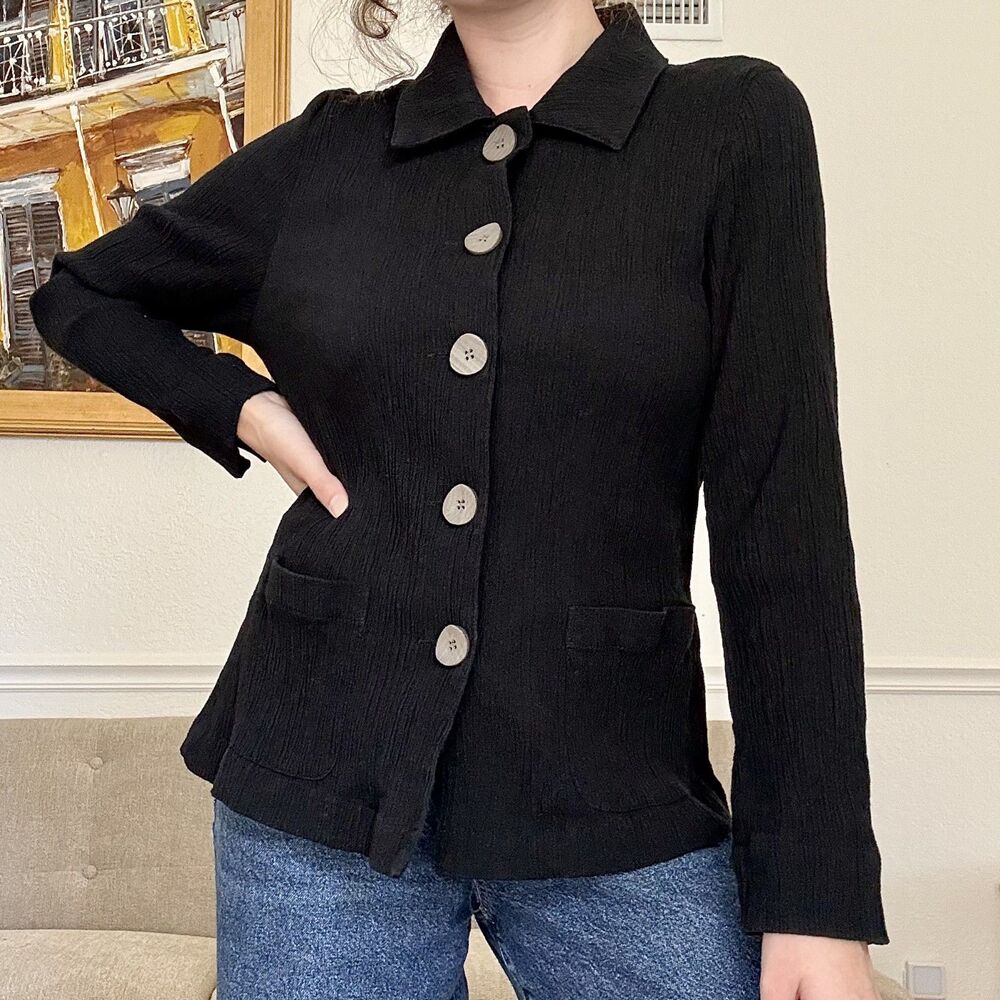 Vintage Black Ribbed Appleseed’s Petites Fitted Button-Up Jacket